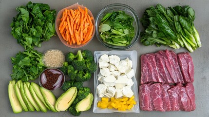 Table with assorted vegetables and meat for bulk cooking meal prep with cooking in bulk banner