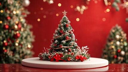 Obraz premium Magical christmas atmosphere with small christmas tree on podium and twinkling lights in background