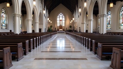 Obraz premium Beautiful interior of a grand church featuring stained glass windows and wooden pews : Generative AI