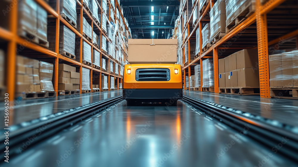 Poster industrial warehouse scene with front-loading forklift surrounded by stacked pallets and boxes in a 