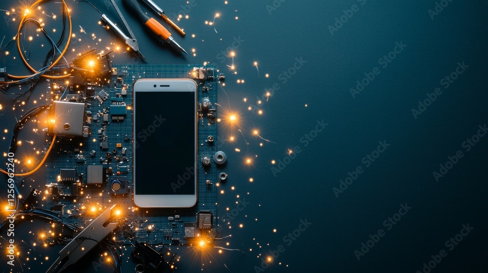 Poster innovative technology showcase mobile device and circuit board interaction digital workspace visual 
