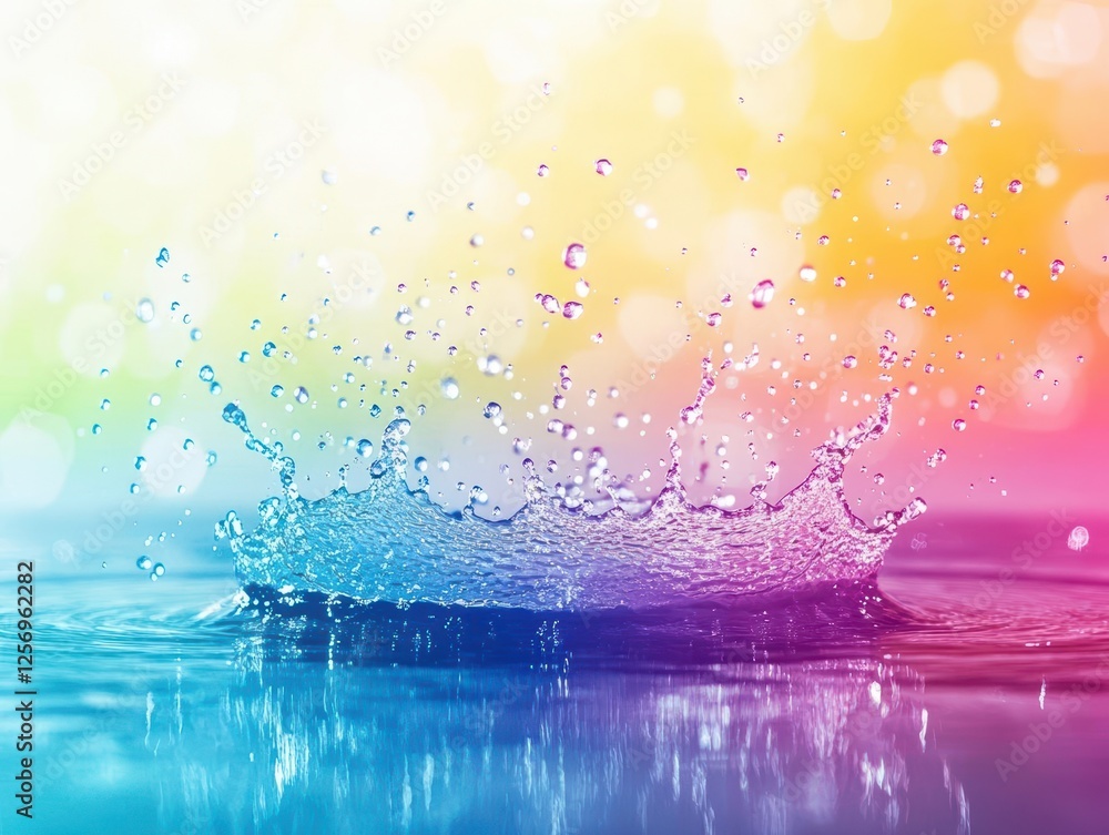 Poster water splash creating dynamic shapes on a vibrant colorful background with various hues and tones