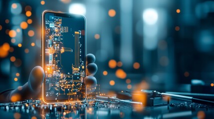 Innovative smartphone interface showcasing advanced technology and data visualization in a modern urban environment with a futuristic perspective