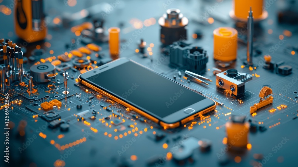 Poster exploring the intricacies of modern technology smartphone on circuit board tech lab macro photograph