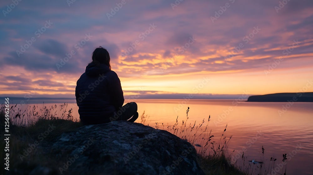 Poster serene sunset view with a person sitting on a rock by the tranquil water reflecting vibrant colors :