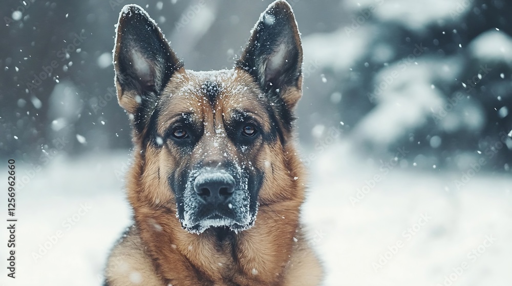 Poster closeup portrait of a german shepherd dog with a snowy backdrop showcasing its majestic features : g