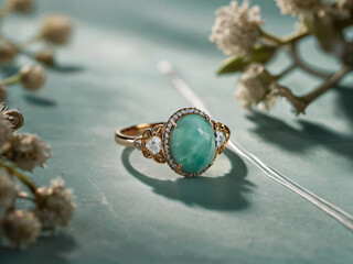 Naklejka premium An elegant amazonite engagement ring with a prominent solitaire, set on a slender gold band.