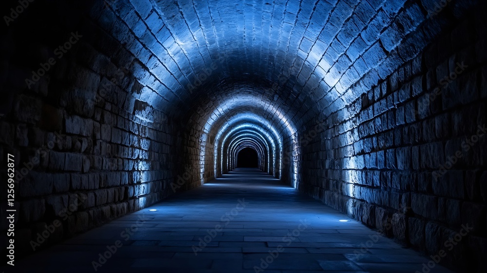 Aufkleber mysterious stone tunnel illuminated with blue lights creating an enchanting and atmospheric ambiance