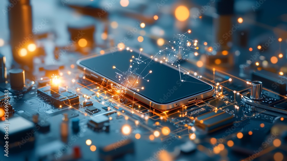 Poster innovative smartphone technology displayed on high-tech circuit board futuristic digital environment