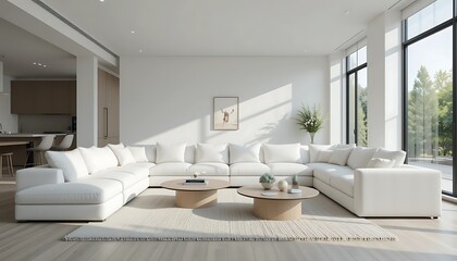 Modern minimalist white sectional sofa in a sunlit living room with large windows and a light wooden floor