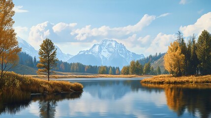 Fototapeta premium Serene Autumn Lake with Majestic Mountain Reflections