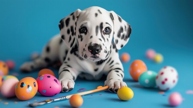 portrait of a Dalmatian puppy lying on a blue background with colorful paint splatters scattered around it. The puppy is white with black spots and has a black nose and ears.