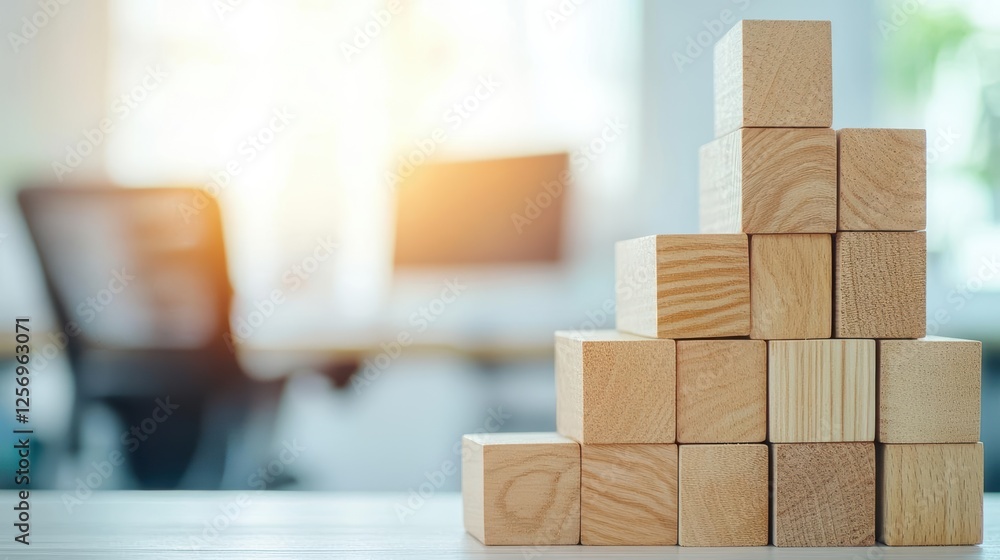 Poster stack of wooden blocks arranged on a table for creative play and educational purposes