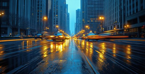 Fototapeta premium Busy city street at dusk with blurred taxis and glowing streetlights reflecting on wet pavement