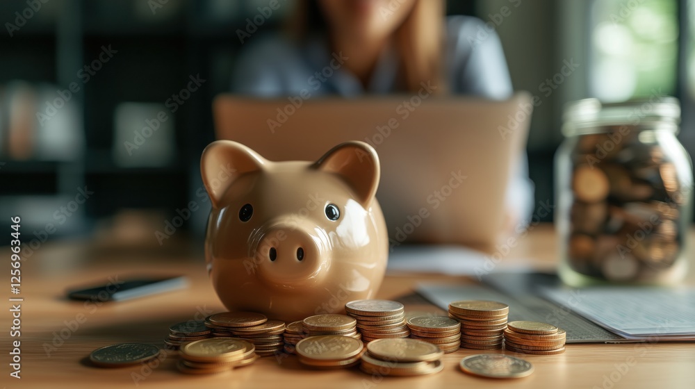 Poster close-up of a piggy bank surrounded by coins on a wooden table with a blurred background of a person