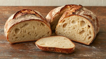 Loaf of traditional sourdough bread cut in half on a wooden table with sliced pieces displayed