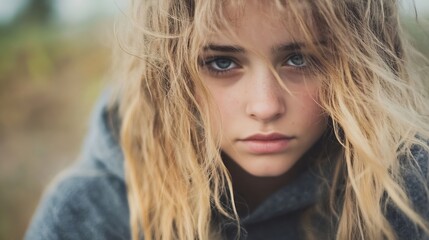 Young woman with natural wavy hair looking intensely at the camera in an outdoor setting : Generative AI