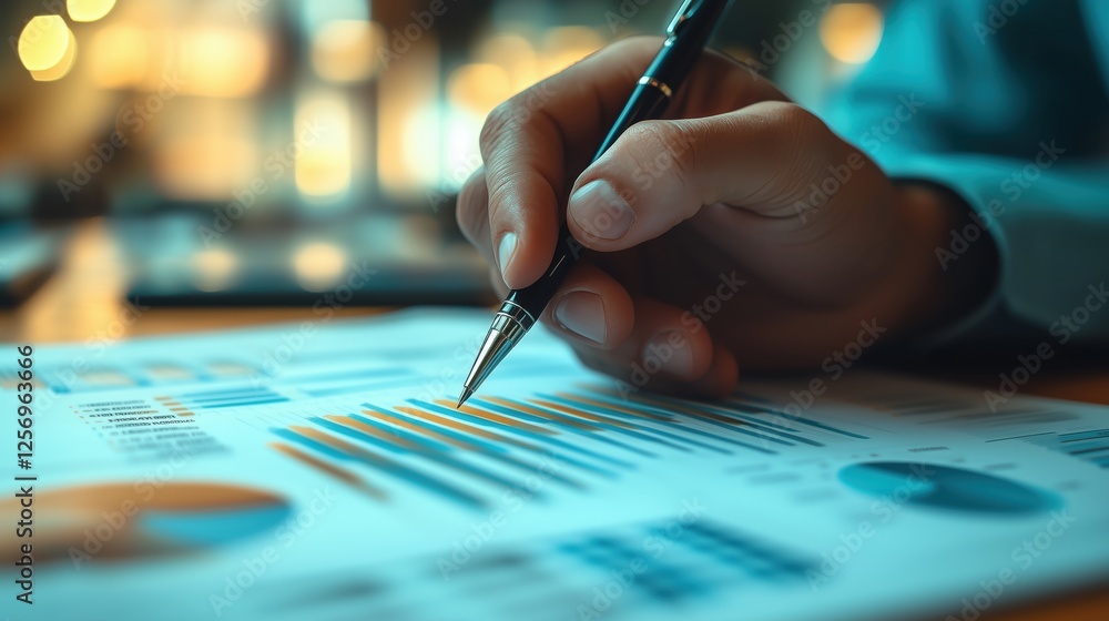 Aufkleber close-up of a hand holding a pen above a financial report with colorful charts and graphs on a woode