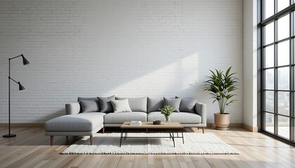 Modern Minimalist Living Room Interior Design with Grey Sectional Sofa, White Brick Wall, and Large Window