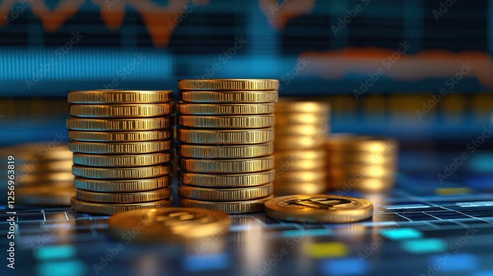 Poster stacks of golden coins on a business dashboard with graphs and data representing financial growth an