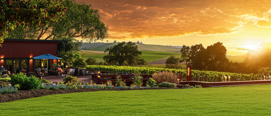 Obraz premium A picturesque vineyard at sunset, showcasing lush greenery and a cozy building, perfect for relaxation and wine tasting.