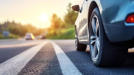 Naklejka premium Car driving on scenic road with sunlight shining on asphalt during sunset : Generative AI
