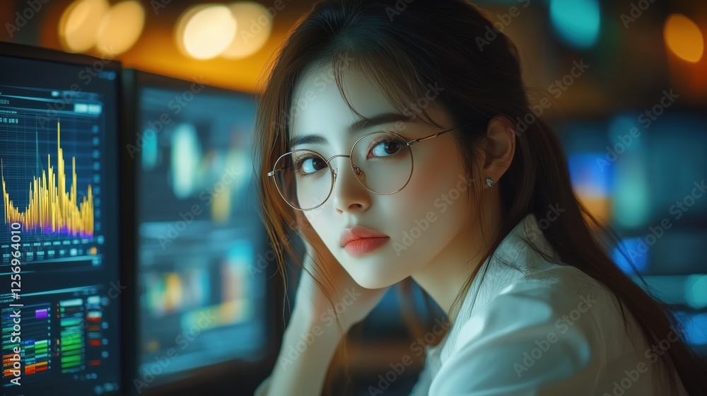Poster young woman working late at night with computer data analytics, surrounded by colorful graphs and di