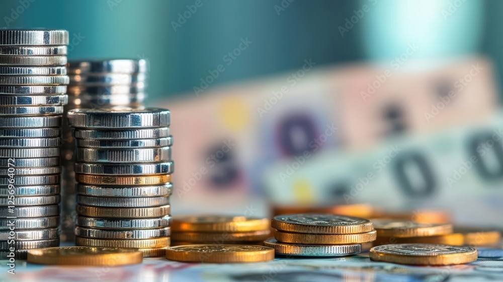 Poster stacked coins in a vertical arrangement showcasing different currencies and denominations against a 