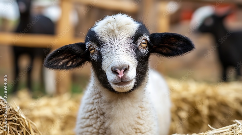 Poster Cute sheep with striking black and white markings gazing curiously at the camera in a farm setting : Generative AI