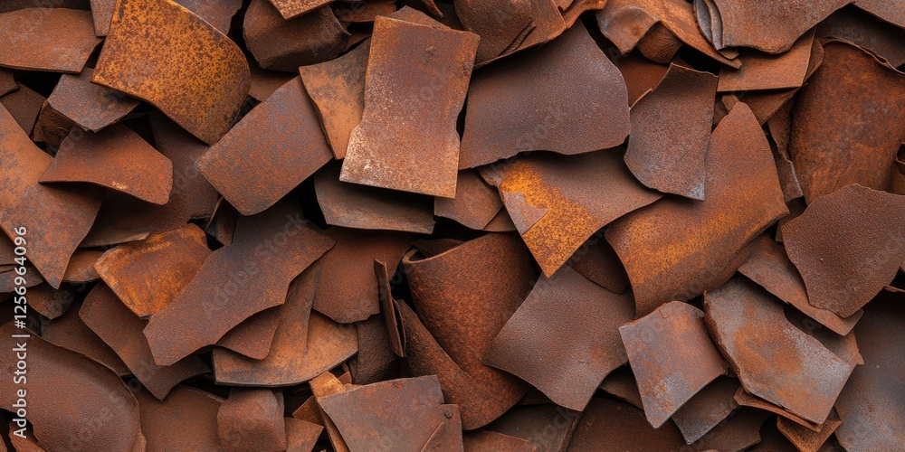 Poster a close-up view of overlapping rust-colored metal sheets, showcasing various textures and shades of 