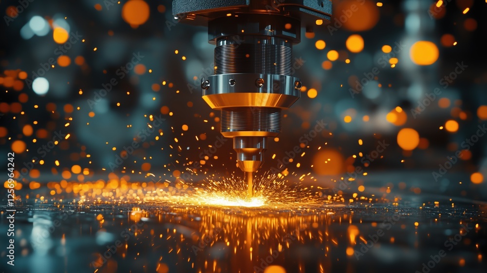 Poster high-precision laser cutting process generating sparks and light effects in industrial setting with 