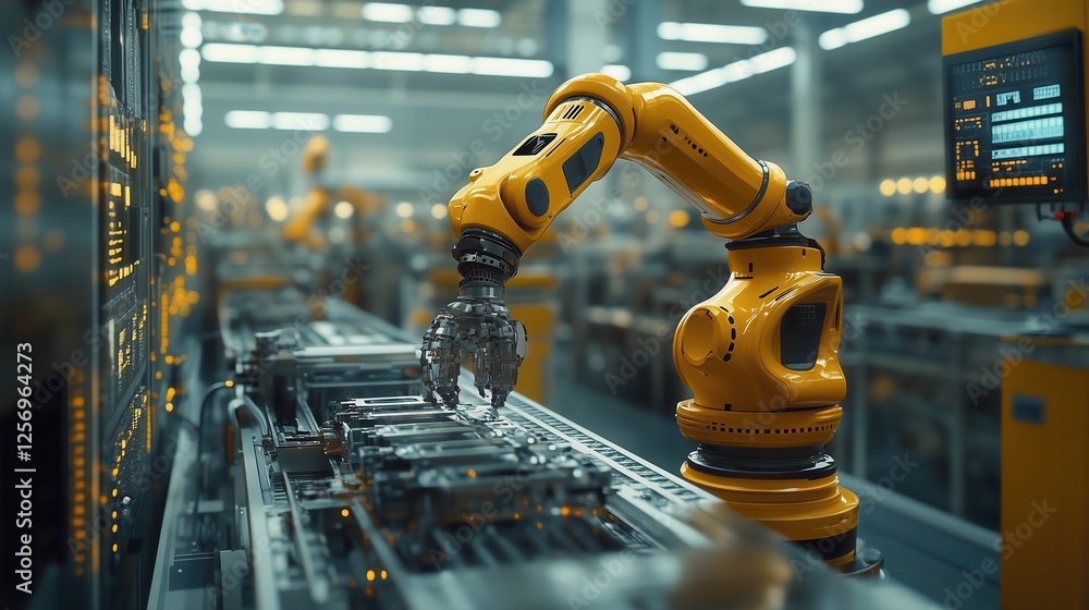 Poster high-tech industrial robotic arm operating on assembly line in modern factory with advanced automati