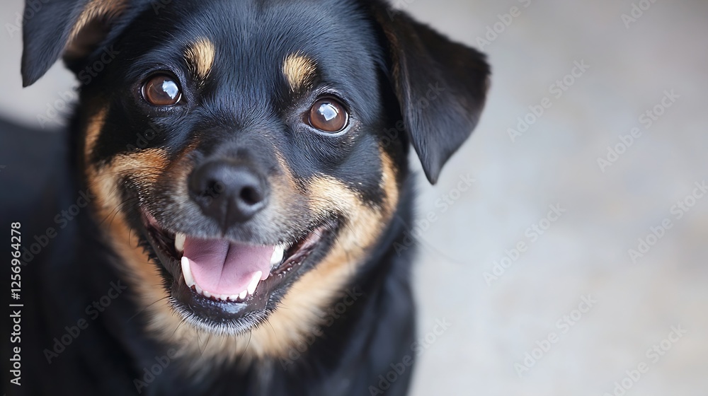Poster close up of a cheerful dog with bright eyes and a big smile on a soft background : generative ai