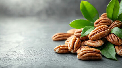 pile of pecan nuts in their cracked shells, symbolizing abundance and nature's complexity, with a blurred background offering a sense of emptiness and chaos, leaving room for interpretation