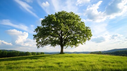 Obraz premium Majestic solitary tree standing on a vast green field under a bright blue sky : Generative AI