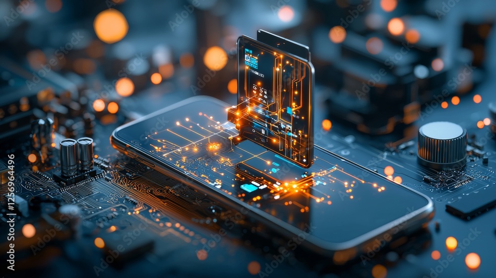 Poster innovative technology showcase smartphone simulation on circuit board digital scene close-up perspec
