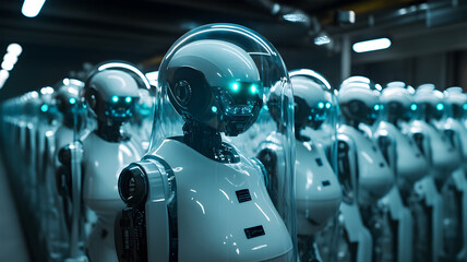 Fototapeta premium Secret Underground Robotics Lab with Rows of Futuristic Machines