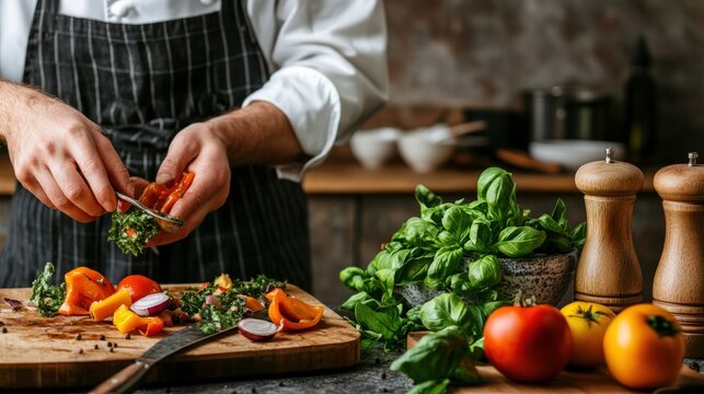 Man in apron chopping vegetables in sustainable kitchen focused on food waste reduction