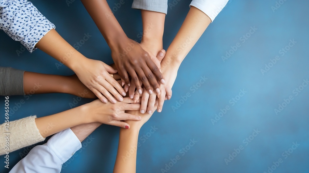 Poster diverse hands collaborating together on a blue table symbolizing teamwork and unity : generative ai