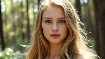 Naklejka premium A beautiful woman with blonde hair and turquoise eyes in the forest, generative ai
