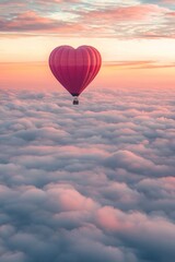 Obraz premium A heart-shaped hot air balloon floating above the clouds, with pink and red hues, creating an enchanting Valentine's Day scene. The sky has soft pastel colors, adding to the romantic atmosphere. 