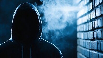 Silhouette of a person in a hoodie standing against a wall with vapor smoke in a dark mysterious setting : Generative AI