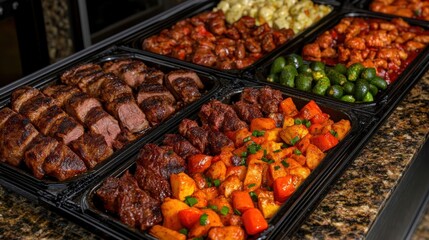 Obraz premium Catering buffet with a variety of colorful meats and vegetables served on a tray on a countertop