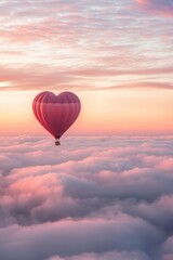Fototapeta premium A heart-shaped hot air balloon floating above the clouds, with pink and red hues, creating an enchanting Valentine's Day scene. The sky has soft pastel colors, adding to the romantic atmosphere. 
