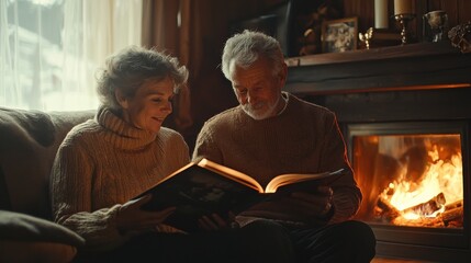 A cozy scene of an elderly couple enjoying a warm evening by the fireplace, reading a book together and sharing moments of joy and connection.