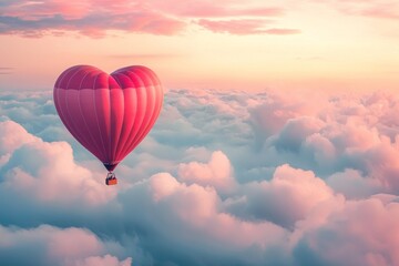 Obraz premium A heart-shaped hot air balloon floating above the clouds, with pink and red hues, creating an enchanting Valentine's Day scene. The sky has soft pastel colors, adding to the romantic atmosphere. 