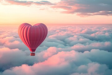 Fototapeta premium A heart-shaped hot air balloon floating above the clouds, with pink and red hues, creating an enchanting Valentine's Day scene. The sky has soft pastel colors, adding to the romantic atmosphere. 