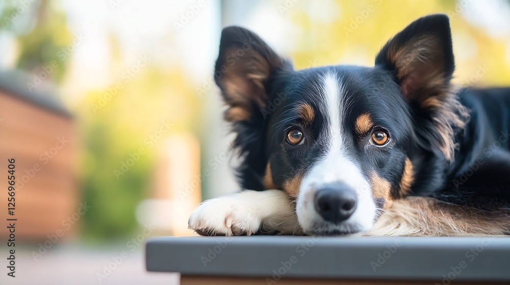 Aufkleber Adorable border collie laying relaxed on a wooden surface with a soft gaze and playful expression surrounded by nature : Generative AI