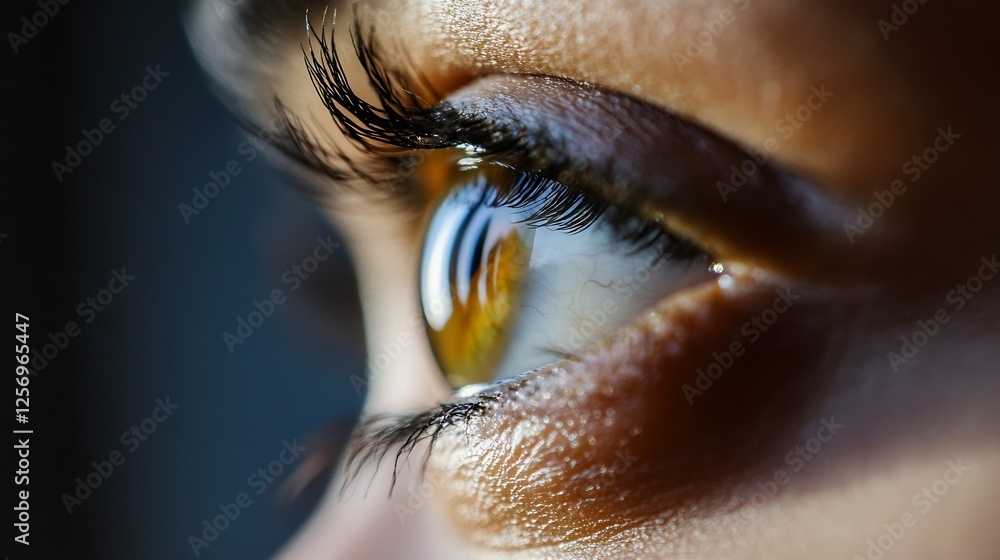 Aufkleber Close up of a human eye showcasing intricate eyelashes vibrant iris colors and reflections capturing ambient light : Generative AI