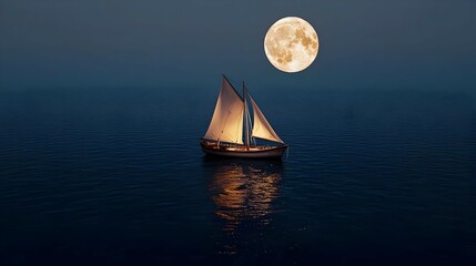 Pixel Art Sailboat At Night Under Full Moon